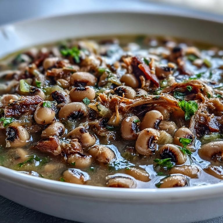 Steaming bowl of hearty Black-Eyed Peas With Smoked Turkey served over rice with a dash of hot sauce for a spicy Southern kick.
