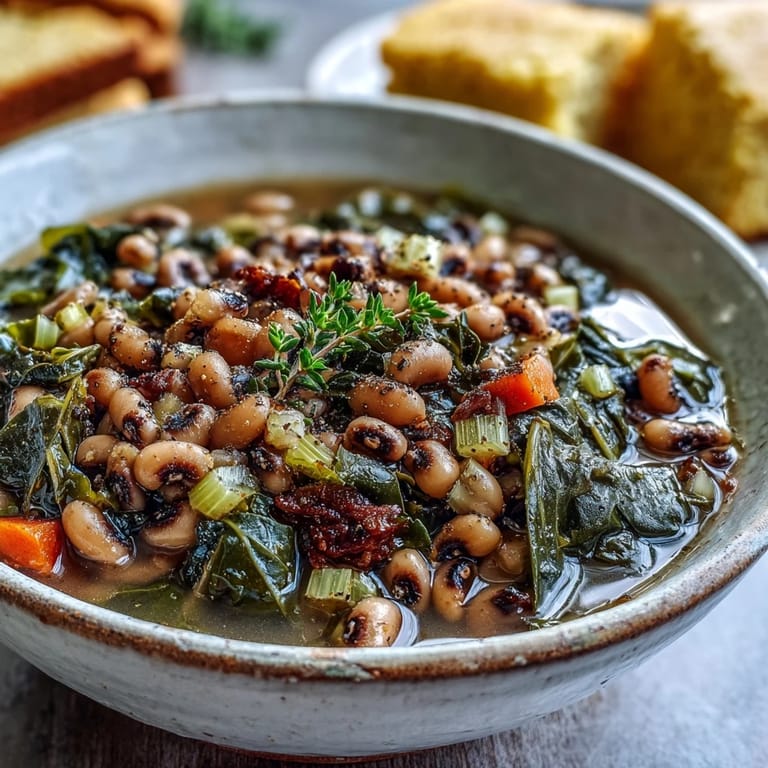 Close-up of Black-Eyed Peas With Collard Greens in a Dutch oven, showcasing tender greens and hearty legumes ready to eat.