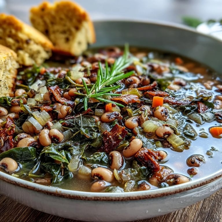 Homemade Black-Eyed Peas With Collard Greens garnished with hot sauce and cornbread wedges on a cozy Southern-inspired table.