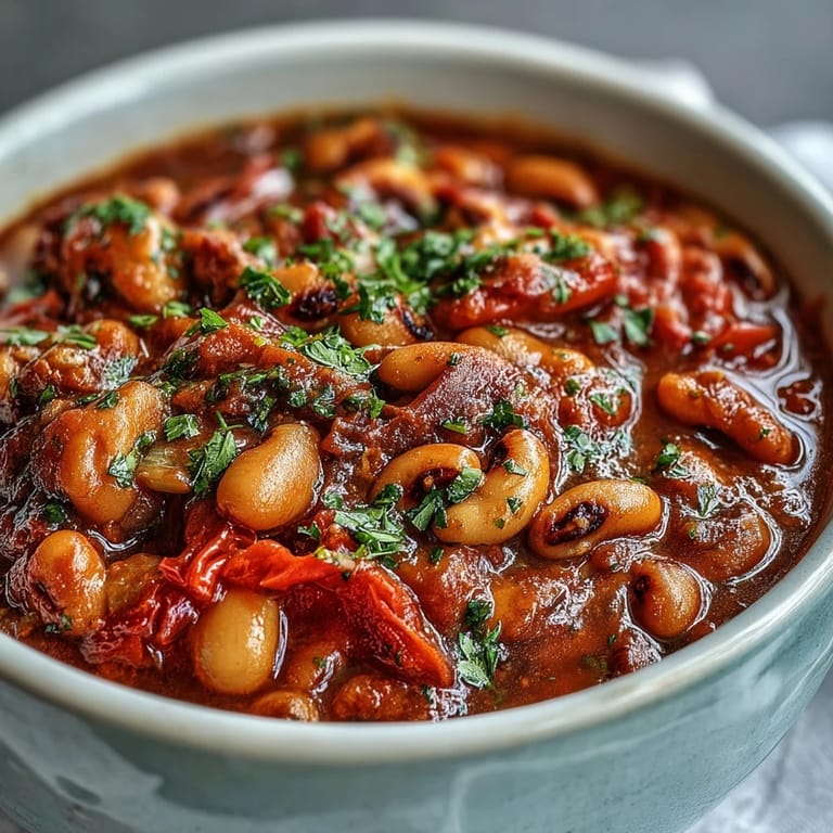 Rich Greek-Style Slow Cooker Black-Eyed Peas stew in a crockpot with olive oil and paprika, ready to serve.