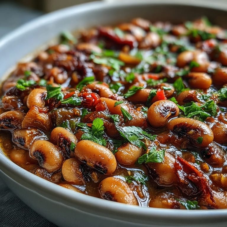 Hearty bowl of Greek-Style Slow Cooker Black-Eyed Peas topped with feta, parsley, and a lemon wedge.