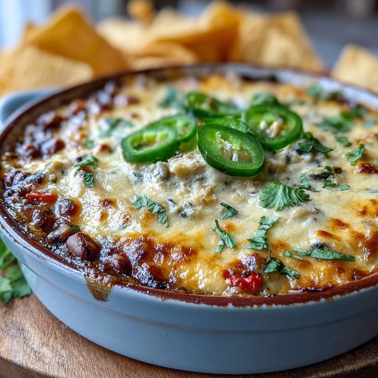 Spicy Hot Black-Eyed Pea Dip with Jalapeño and Cumin bubbling from the oven, golden crust, ready for a game day snack.