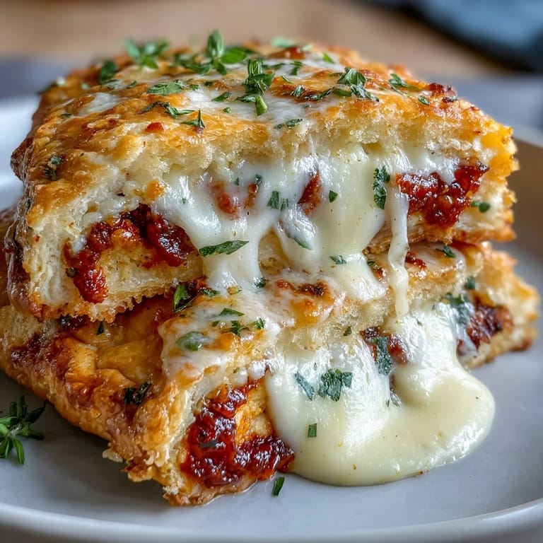 Freshly baked High Protein Pizza Hot Pockets sit on a rustic wooden board, steam rising from the golden, herb-sprinkled crusts.
