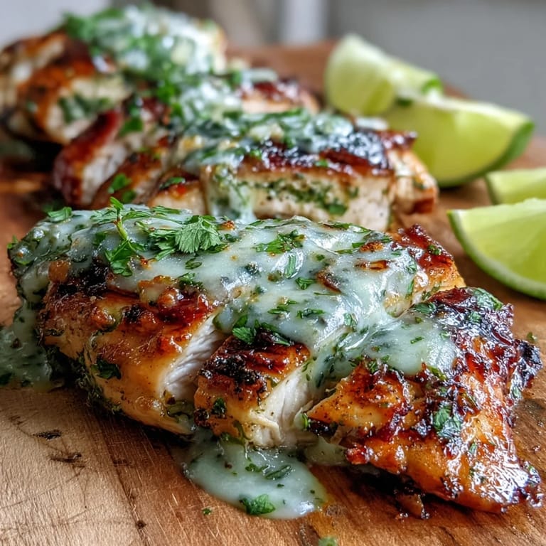 Close-up of tender grilled salsa verde pepper Jack chicken under bubbling pepper Jack cheese with smoky char marks.