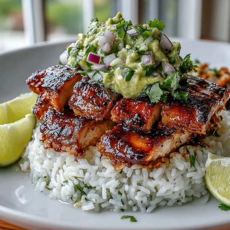 Close-up of a tangy honey lime chicken & avocado rice stack with vibrant cilantro and diced red onion garnish on a rustic plate.