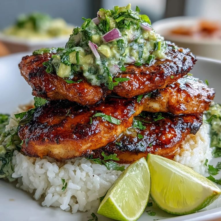 Sliced grilled chicken and creamy avocado mix layered over fragrant jasmine rice, ready to serve for a bright gluten-free dinner.
