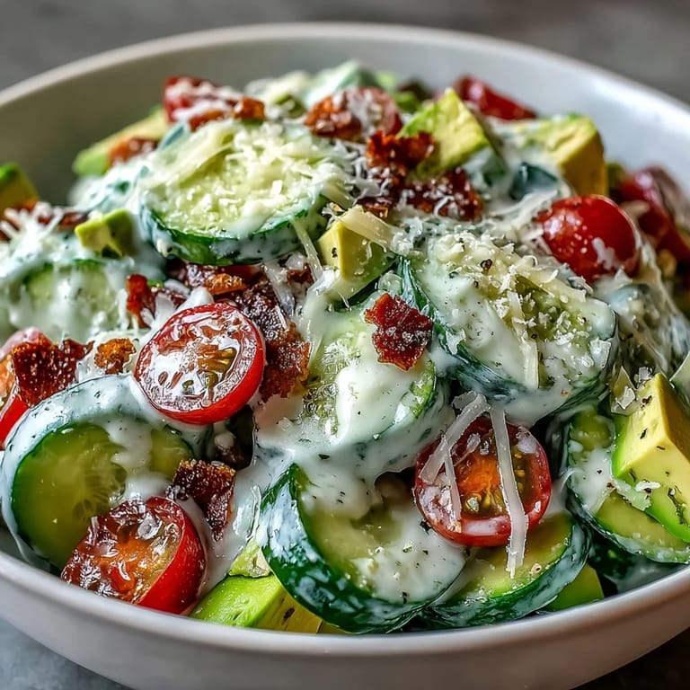 Close-up of chilled cucumber Caesar salad showing juicy slices, herbs, and extra Parmesan, perfect for a light lunch.
