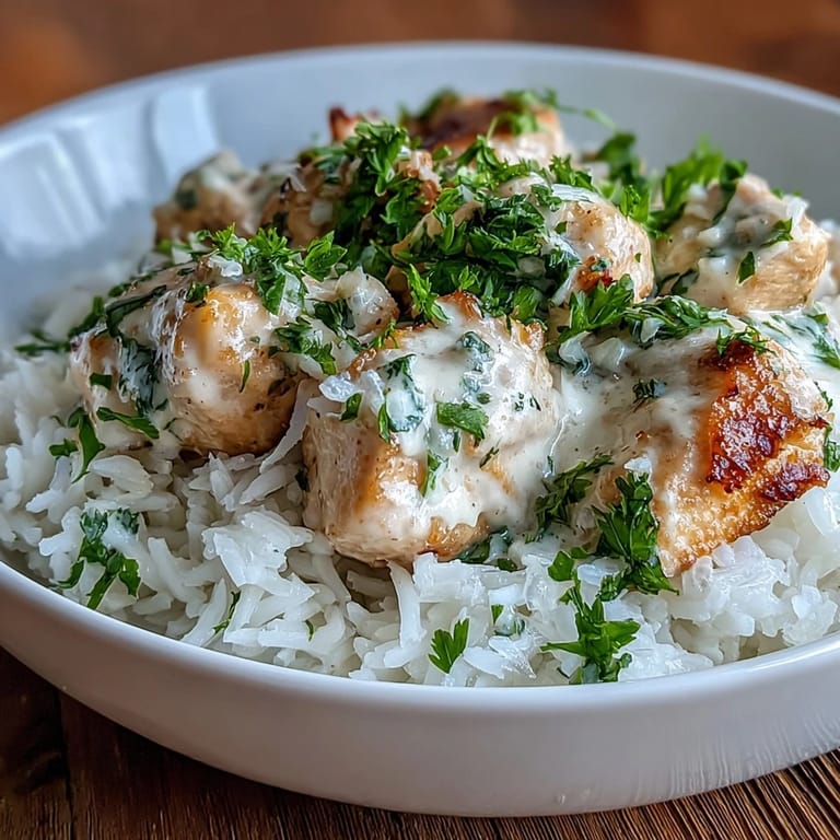 Lime wedges and creamy coconut milk enrich this easy tropical Coconut Chicken Rice Bowl, served steaming in a white bowl.
