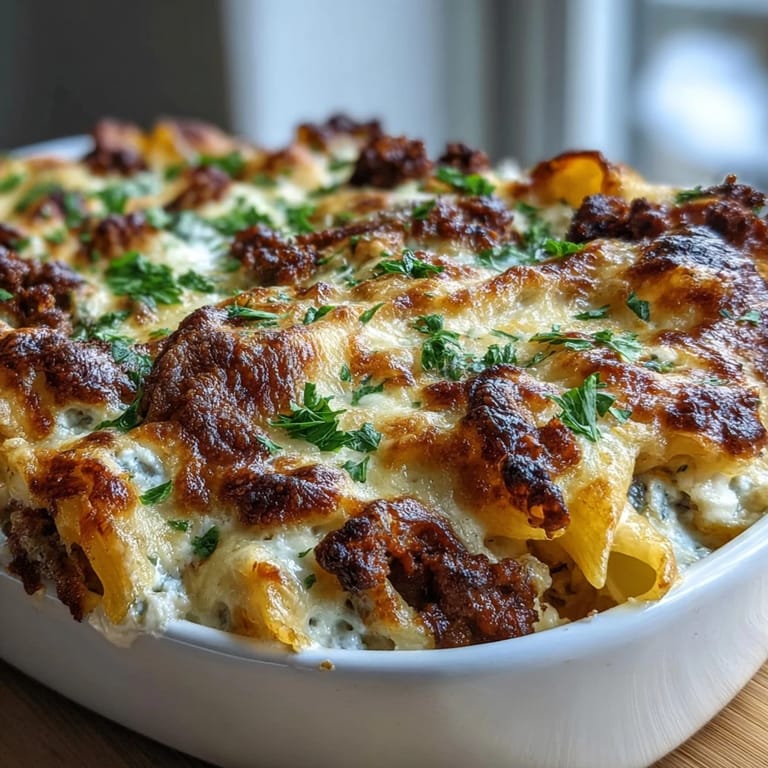 Creamy layers of Cottage Cheese Protein Pasta Bake with Ground Beef are spooned onto plates alongside a crisp green salad.