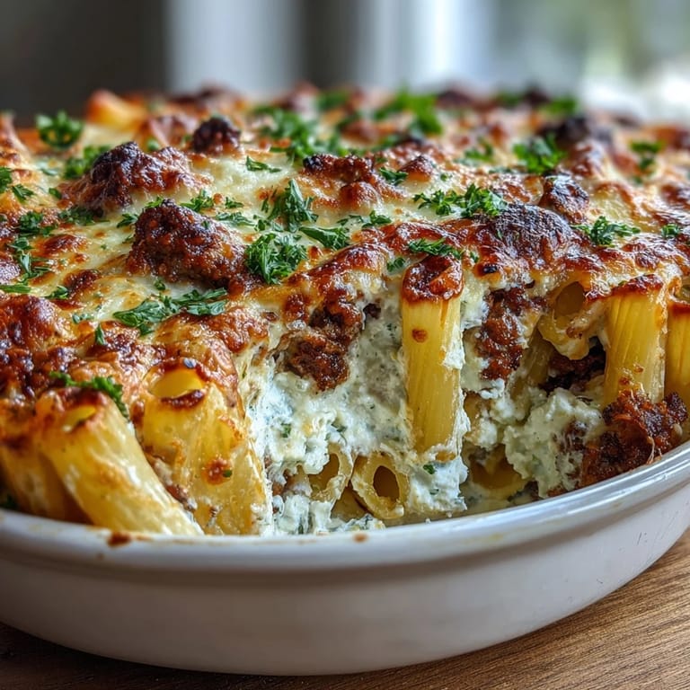 Close-up of Cottage Cheese Protein Pasta Bake with Ground Beef, highlighting golden mozzarella topping and hearty beef marinara layers.