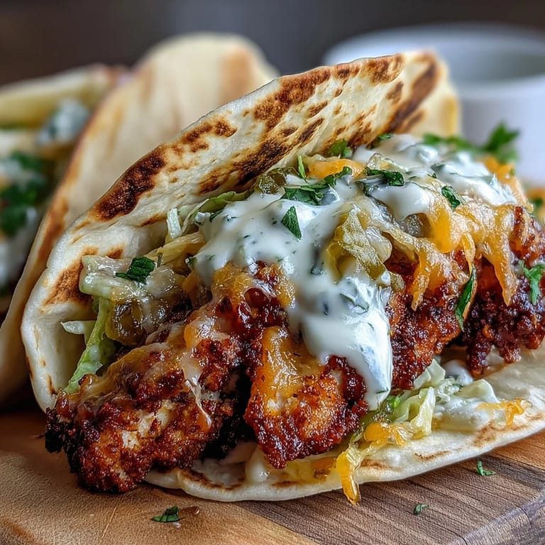 Sizzling skillet chicken tacos topped with tangy dill pickles, fresh herbs, and a golden cheese lace shell ready for dinner.