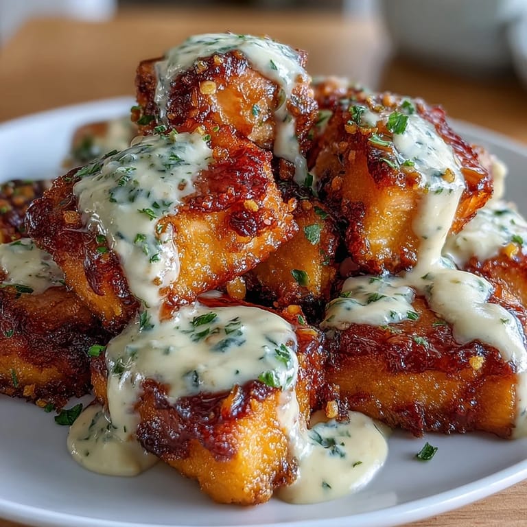 A close-up of Bang Bang Salmon Bites highlights the crispy exterior and flaky, tender pink interior.