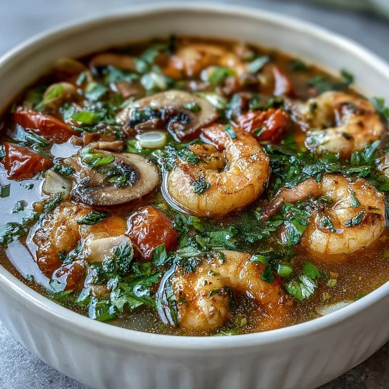 Aromatic Tom Yum Soup with sliced tomatoes, mushrooms, and green onions in a clear broth.