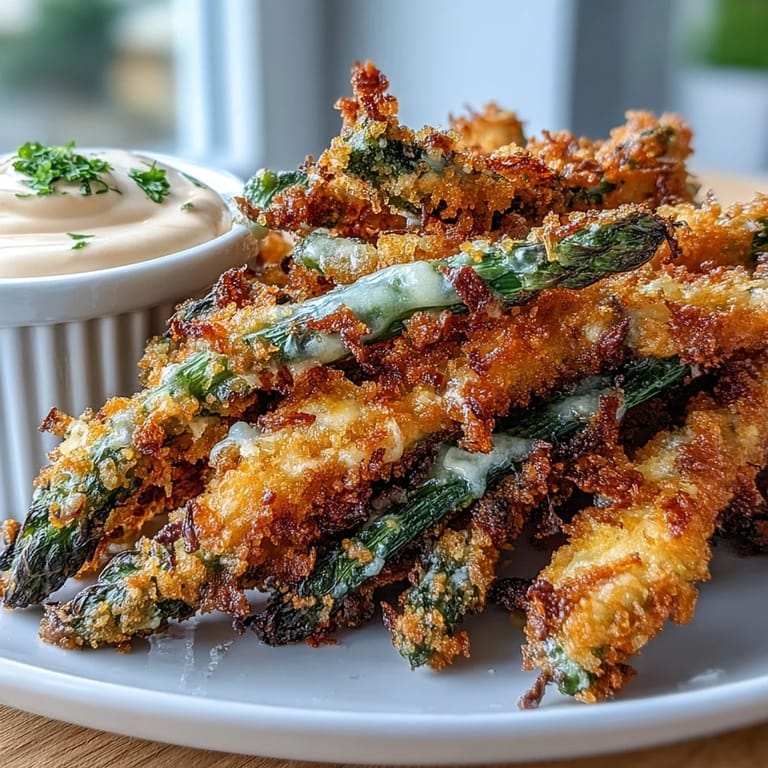 Freshly baked vegetarian asparagus fries garnished with herbs, presented on a rustic wooden platter.