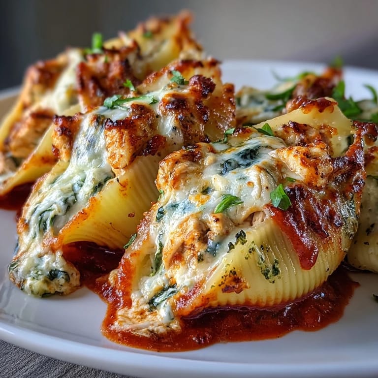 Bubbly marinara sauce surrounds baked Pesto Chicken Stuffed Shells Lite, served with a green salad on a rustic table.