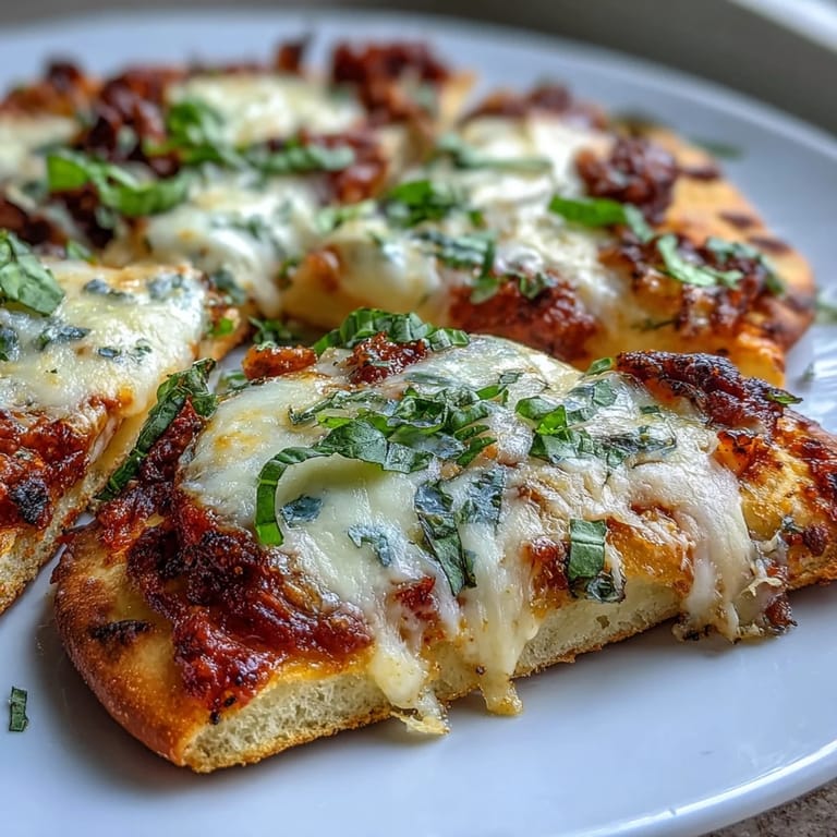 Crispy-edged Garlic Naan Margherita Pizzas are brushed with garlic butter, topped with marinara, and fresh basil leaves.