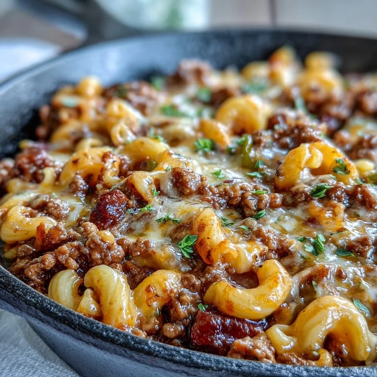 A hearty One-Pan Cheeseburger Chili Mac topped with melted cheddar and chopped pickles, ready to serve.