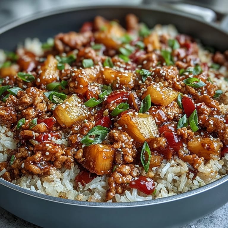 A close-up reveals fluffy rice, ground turkey, and bell peppers coated in a glossy sweet-and-sour sauce.