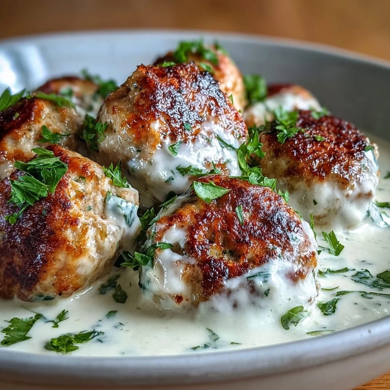 Tender Creamy Garlic Ranch Turkey Meatballs coated in creamy sauce, garnished with fresh parsley on a rustic plate.