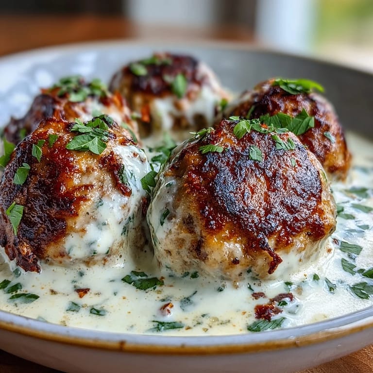 Freshly baked Creamy Garlic Ranch Turkey Meatballs in a skillet with creamy garlic ranch sauce, ready to serve.