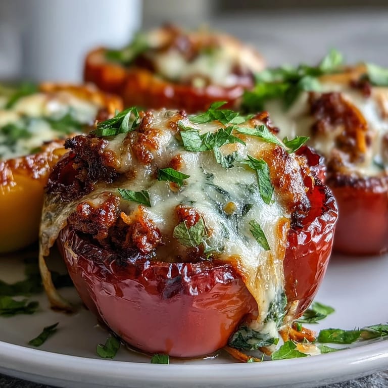 Baked mini sweet peppers filled with Korean-style turkey, carrots, and green onions, served warm on a rustic wooden board.