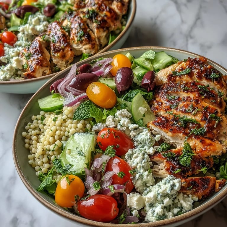 Savory Mediterranean pearl couscous chicken bowls featuring tender chicken, feta crumbles, and a bright lemon-herb dressing.
