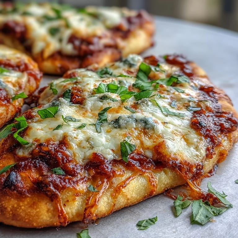 Crispy edged naan bread topped with rich marinara sauce and melted cheese, ready to serve.