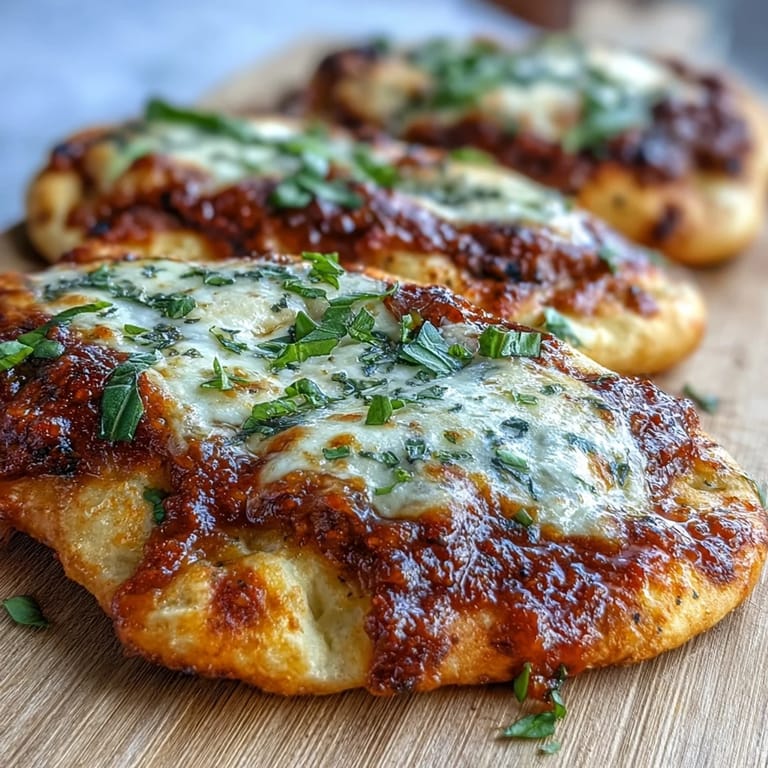 Sliced Garlic Naan Margherita Pizzas on a wooden board, garnished with red pepper flakes and olive oil.