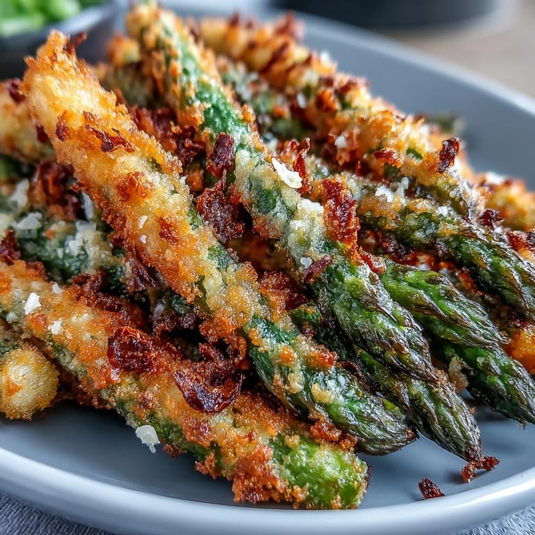 Freshly baked Crispy Chili-Garlic Asparagus Fries topped with parsley and a side of zesty dip.