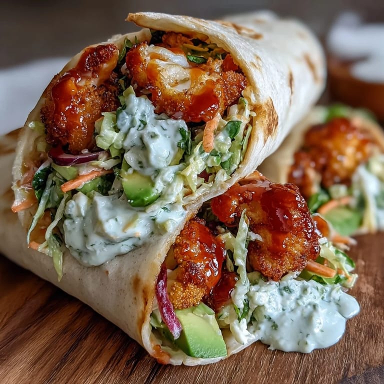 A warm Vegan Buffalo Cauliflower Wrap, sliced to show avocado and colorful slaw, ready for a satisfying lunch.