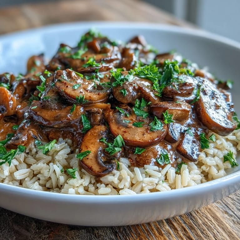 This savory Vegan Mushroom Stroganoff over Brown Rice is steaming in a rustic bowl, garnished with fresh parsley for a bright finish.
