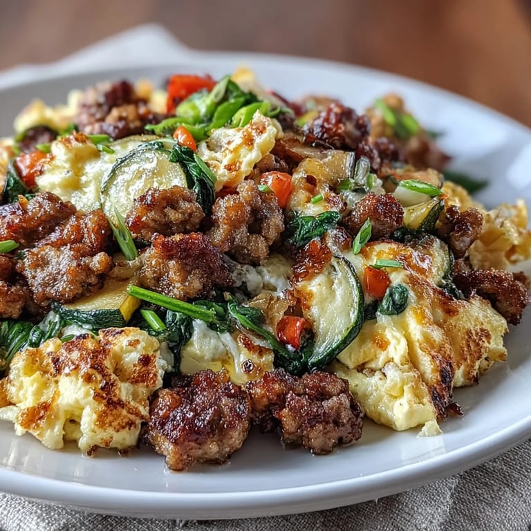 Keto Sausage and Veggie Breakfast Scramble with diced peppers, zucchini, and fresh spinach.