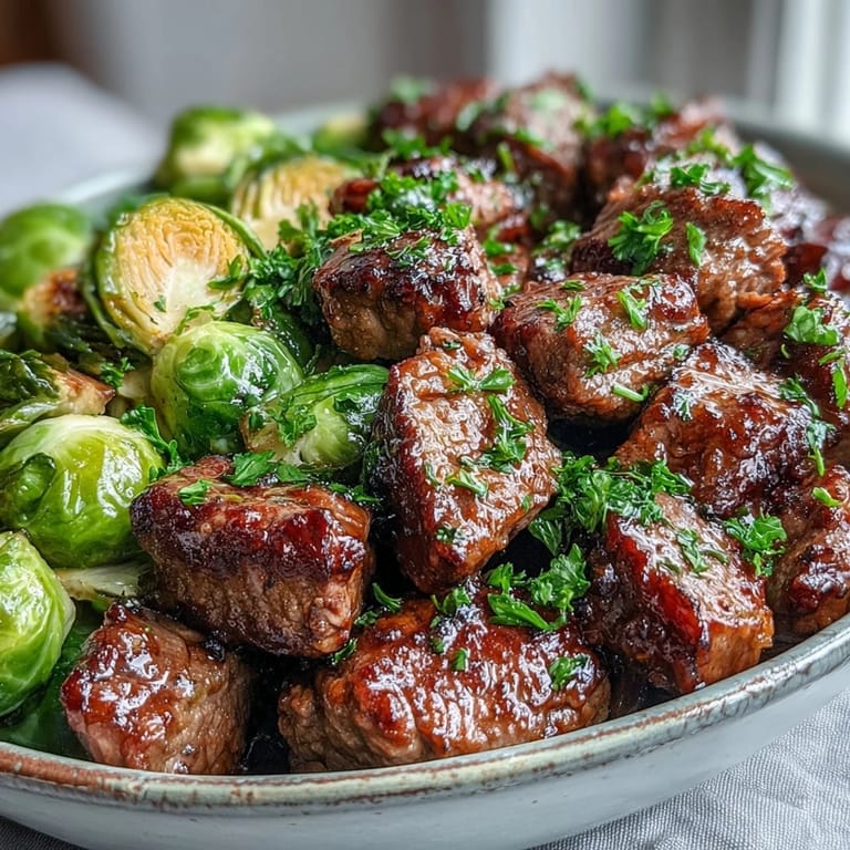 Plated Keto Lemon Garlic Butter Steak Bites drizzled in herb butter, served beside tender roasted Brussels sprouts on a rustic wooden table.