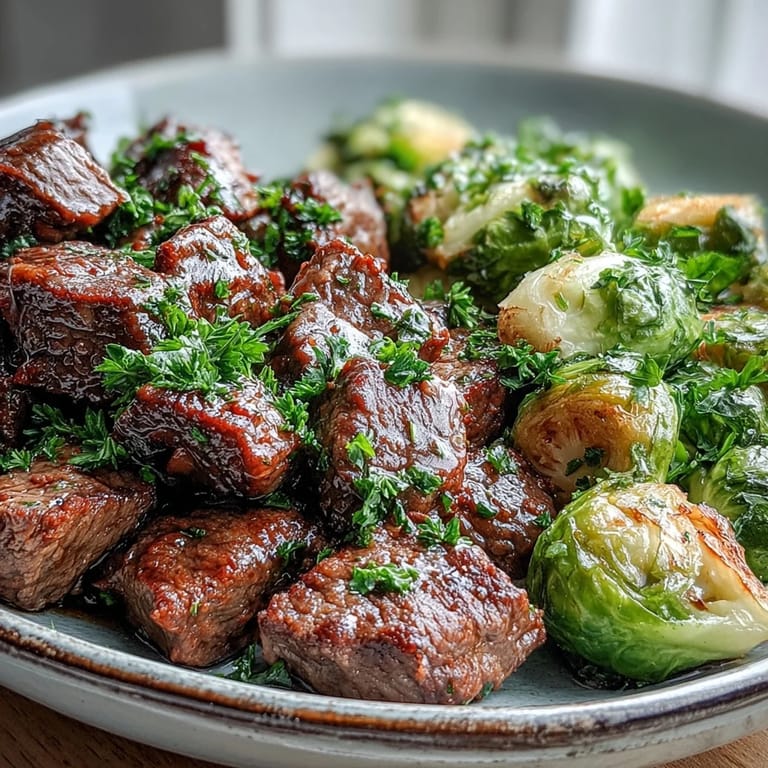 Close-up view of juicy Keto Lemon Garlic Butter Steak Bites and golden roasted Brussels sprouts, garnished with fresh parsley and lemon zest.