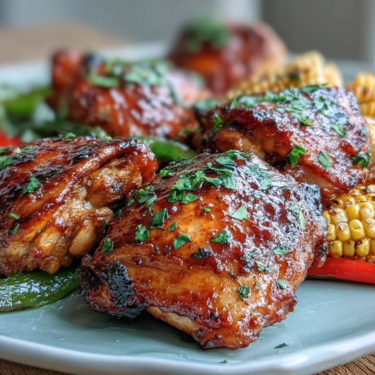Sizzling Sheet Pan BBQ Chicken with Corn on the Cob and Peppers emerges from the oven with caramelized edges.