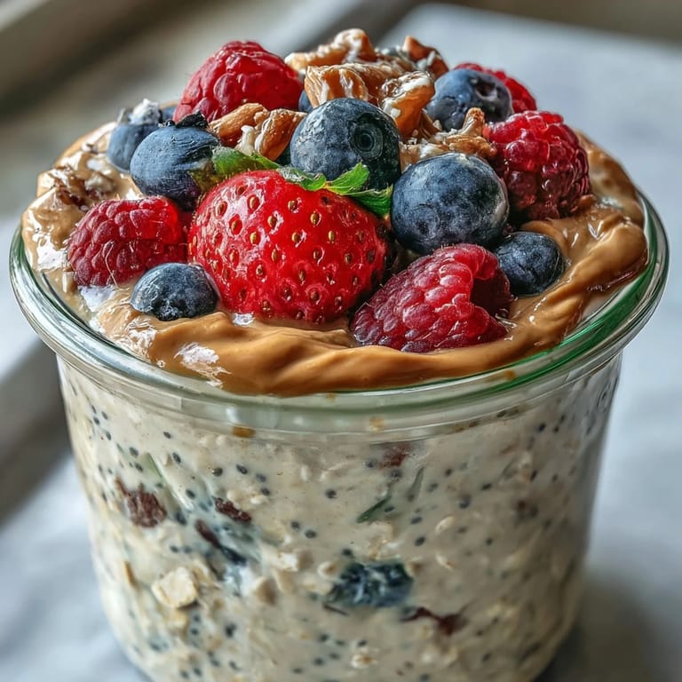 A nourishing make-ahead Clean Eating Berry Overnight Oats with Almond Butter Swirl jar, ready to enjoy chilled with a spoonful of berries.