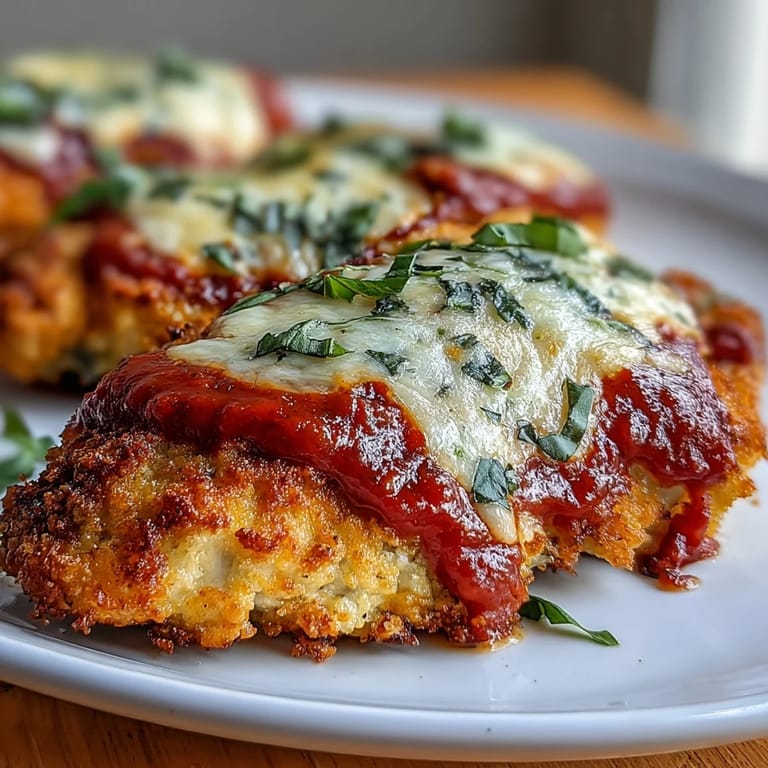 A freshly baked Keto Baked Chicken Parmesan served over zucchini noodles with fresh basil garnish.