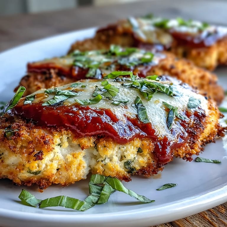 Close-up of Keto Baked Chicken Parmesan showing golden almond flour crust and gooey mozzarella topping.