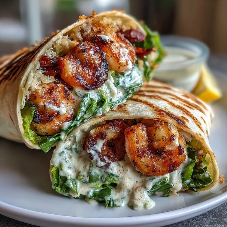A close-up of Grilled Shrimp Caesar Wraps with Crunchy Romaine, featuring vibrant lettuce and succulent shrimp inside a toasted tortilla.