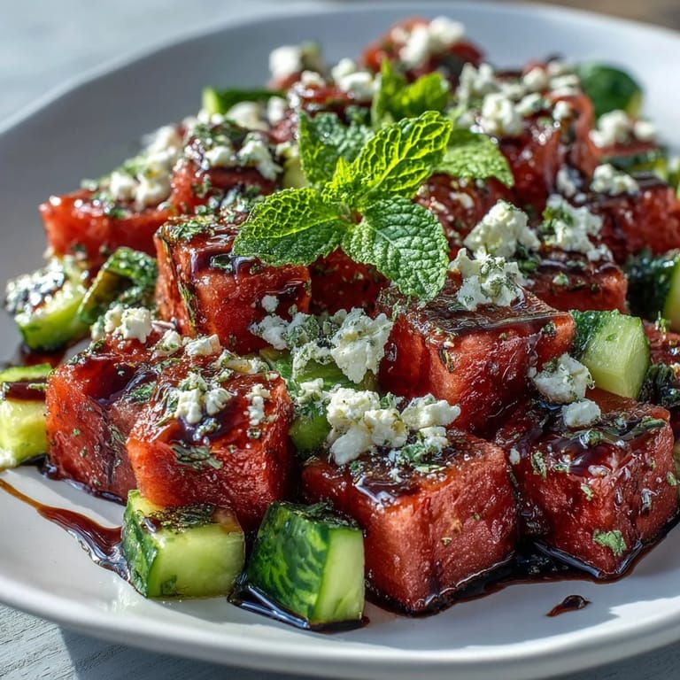 Summer picnic side dish featuring juicy watermelon chunks, salty feta crumbles, and diced cucumber lightly dressed with sweet balsamic glaze.