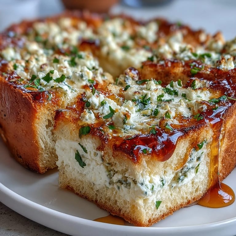 A close-up shows crispy edges and melted parsley-flecked ricotta on warm bread.