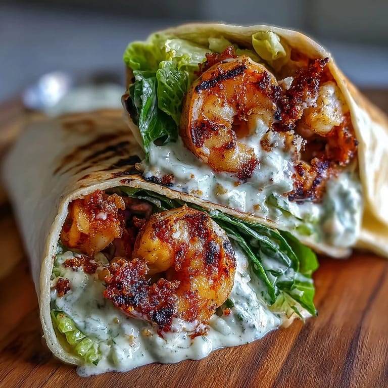 A close-up of Grilled Shrimp Caesar Wraps with Crunchy Romaine, featuring vibrant lettuce and succulent shrimp inside a toasted tortilla.