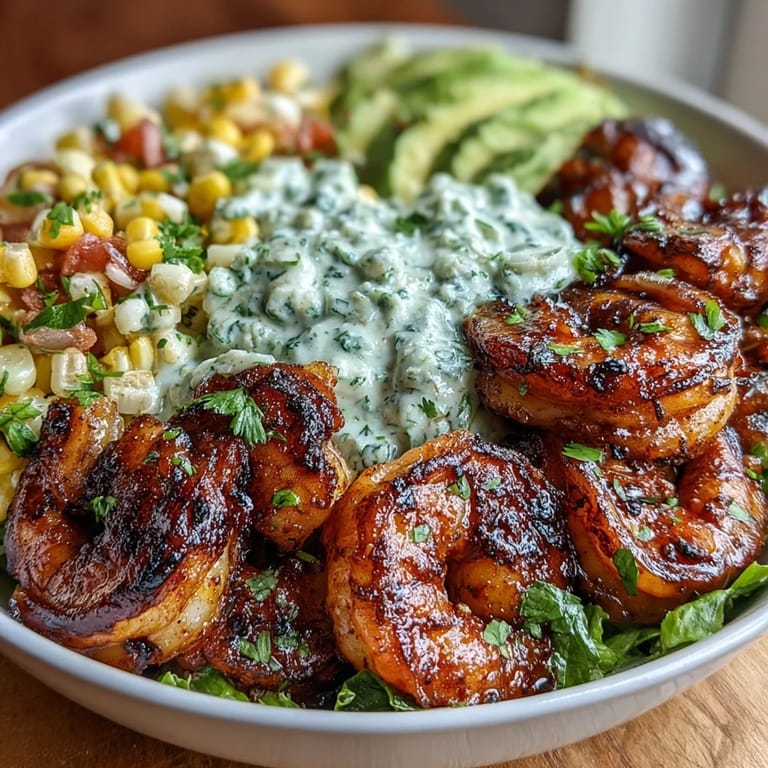 Smoky grilled shrimp paired with fresh avocado, tangy corn salsa, and luscious creamy garlic sauce in a wholesome bowl.