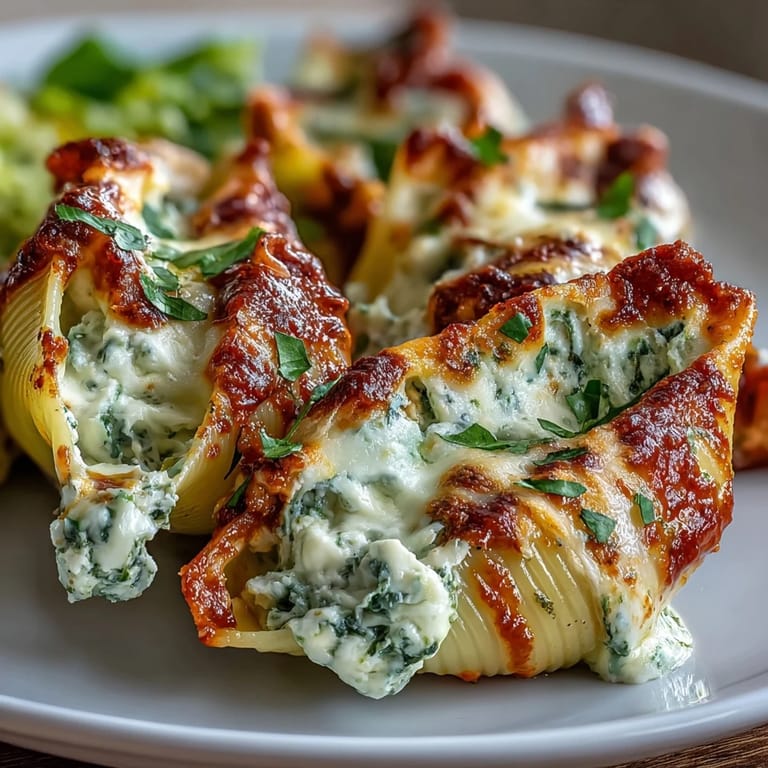 Jumbo pasta shells filled with Greek yogurt pesto chicken, smothered in marinara and bubbling mozzarella, perfect for a satisfying dinner.