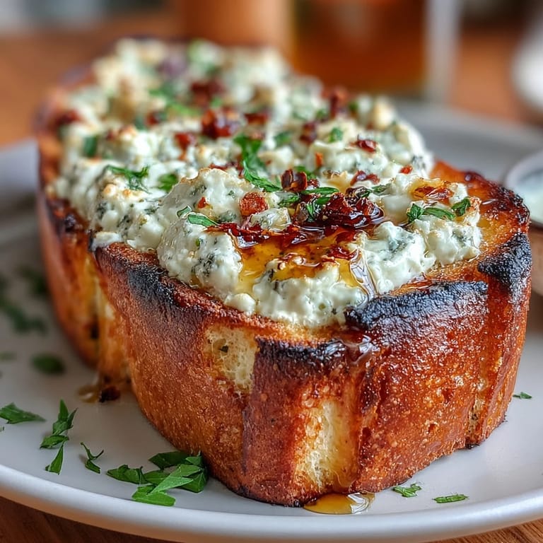 Crispy French baguette halves spread with whipped ricotta and garlic, baked to perfection, and drizzled with hot honey for a sweet kick.