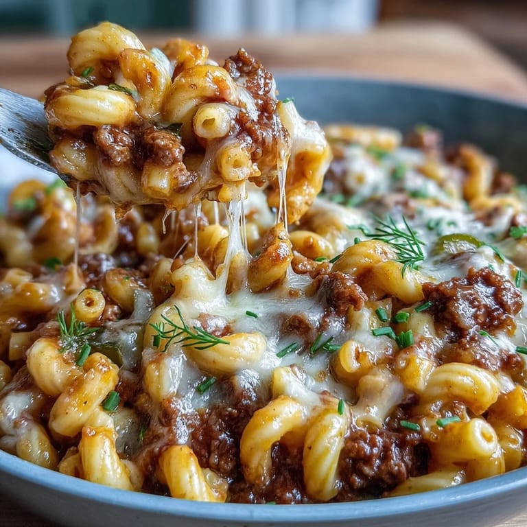 Savory cheeseburger chili mac skillet dish with melted cheddar and tangy dill pickles on top.  