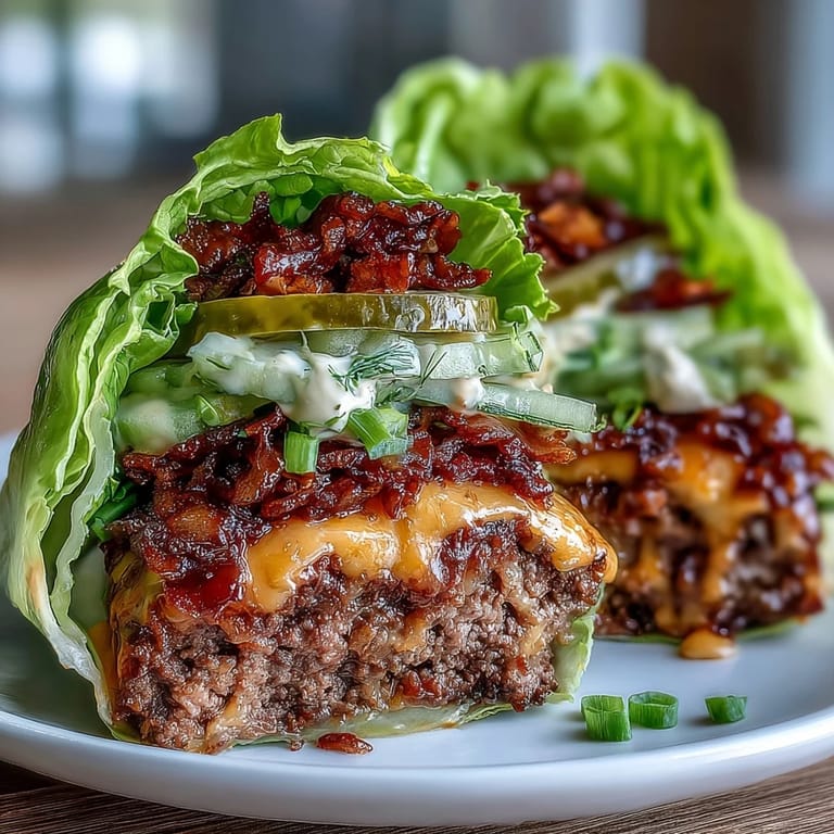 Low-carb cheeseburger lettuce wraps topped with melted cheddar, tangy pickles, and creamy secret sauce for a satisfying meal.  