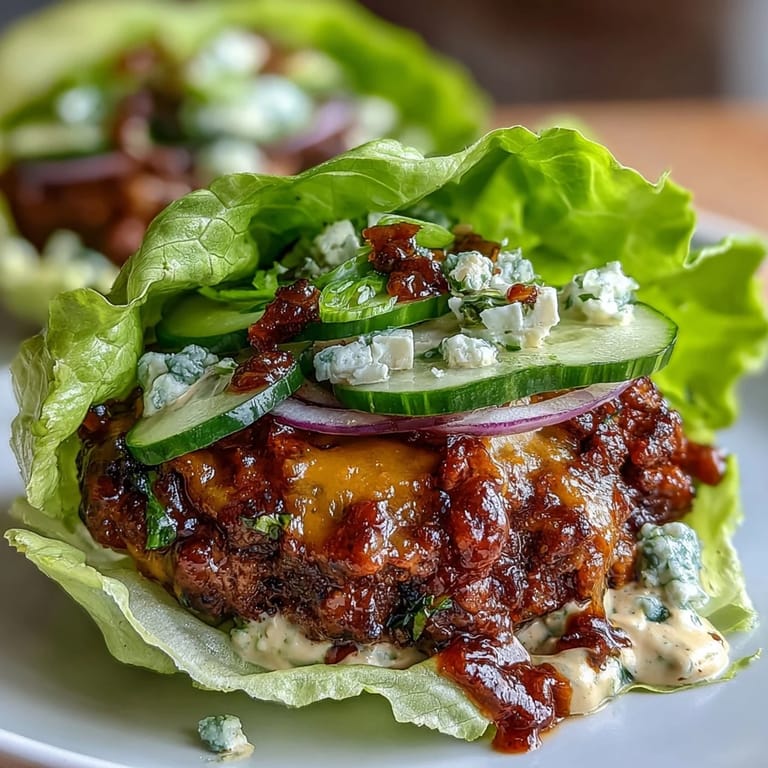 Delicious keto cheeseburger lettuce wraps served with pickles, onions, and a smoky secret sauce in crunchy lettuce cups.