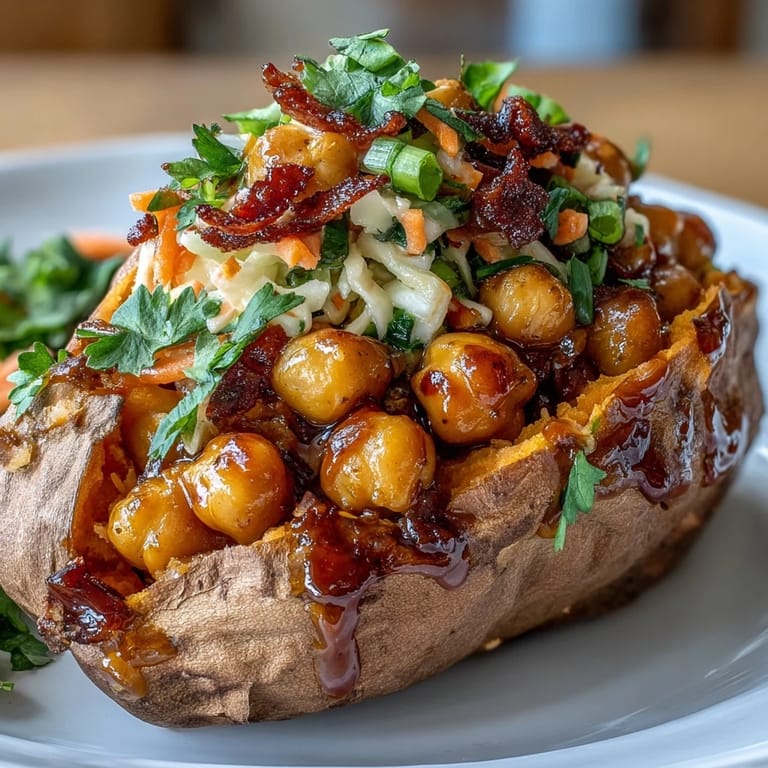 3. Colorful plate of roasted sweet potatoes stuffed with vegan BBQ chickpeas and vibrant red cabbage slaw, perfect for a hearty dinner.