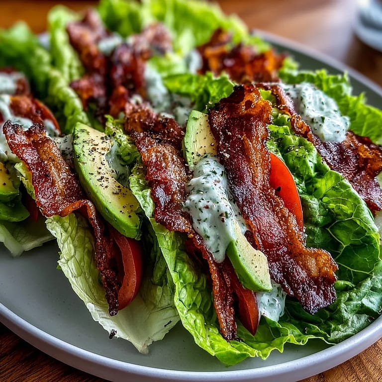 Fresh, low-carb Keto BLT lettuce wraps layered with crispy bacon, ripe avocado, sliced tomato, and punchy garlic mayo.